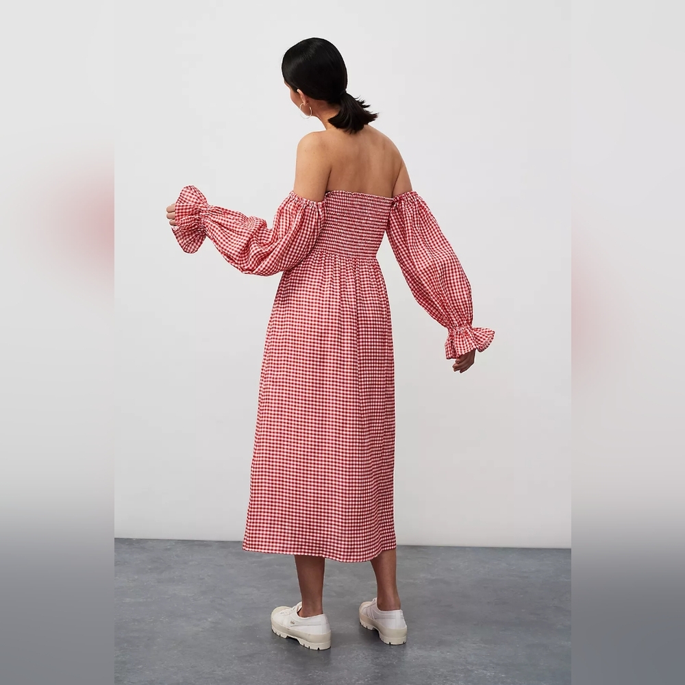 Sleeper 100% linen red gingham Atlanta dress with puff sleeves, small - Picture 8 of 16